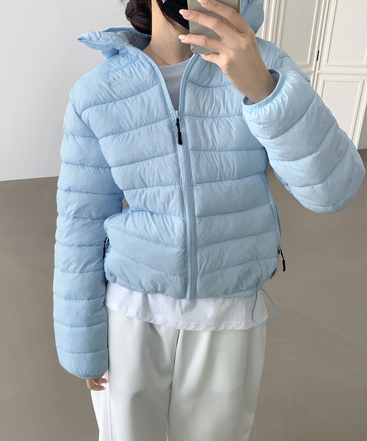 트렌디 경량 하이넥 2way 스트링 패딩 연청