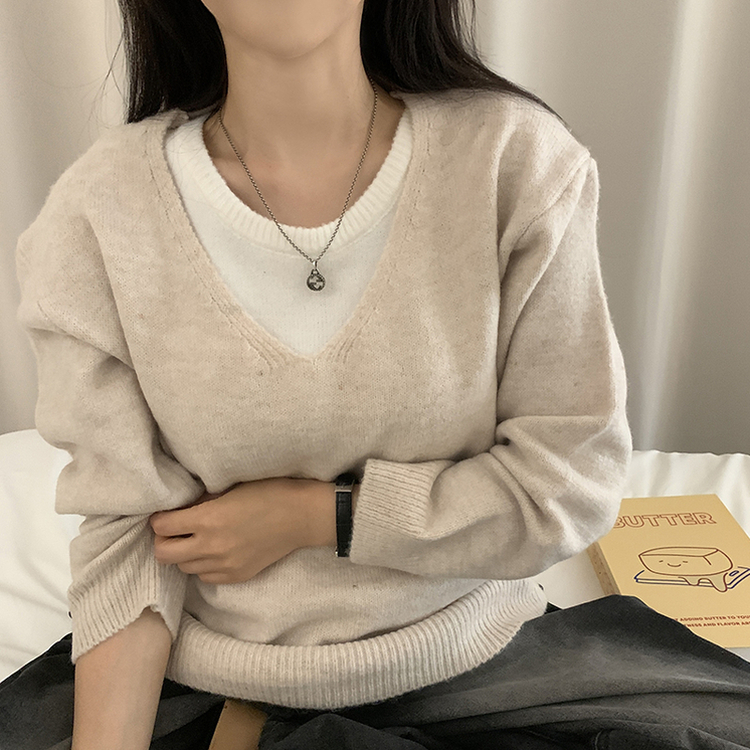 레이블 루즈핏 브이넥 니트 나시 세트 긴팔 니트