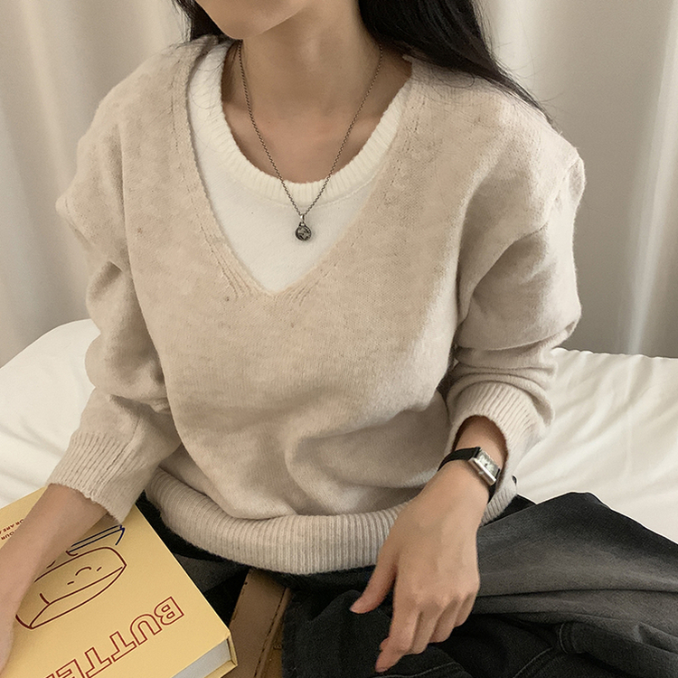 레이블 루즈핏 브이넥 니트 나시 세트 긴팔 니트