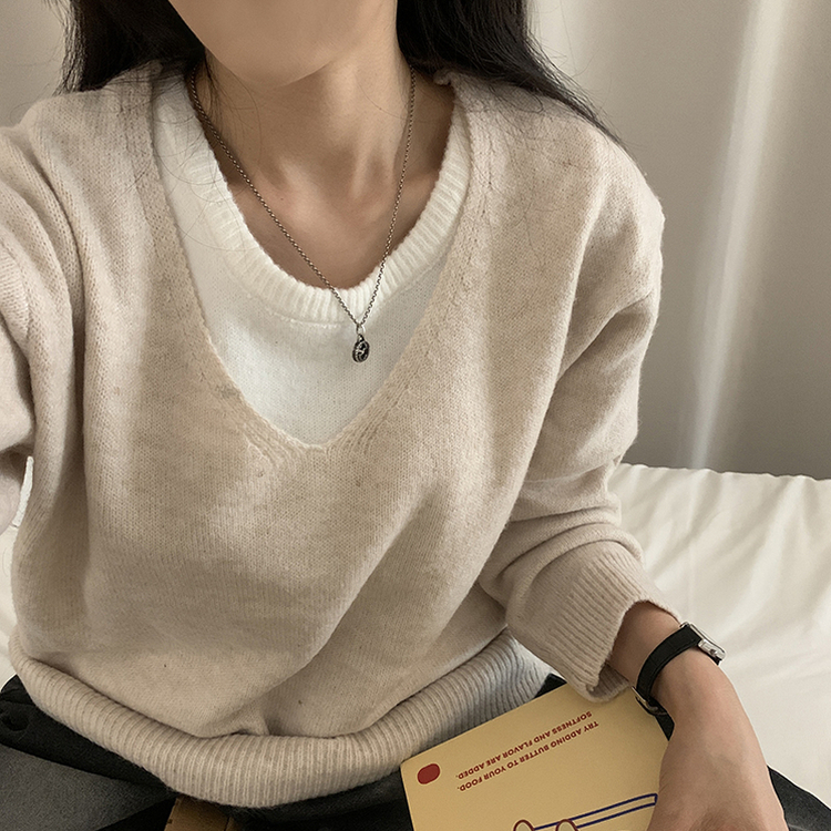 레이블 루즈핏 브이넥 니트 나시 세트 긴팔 니트