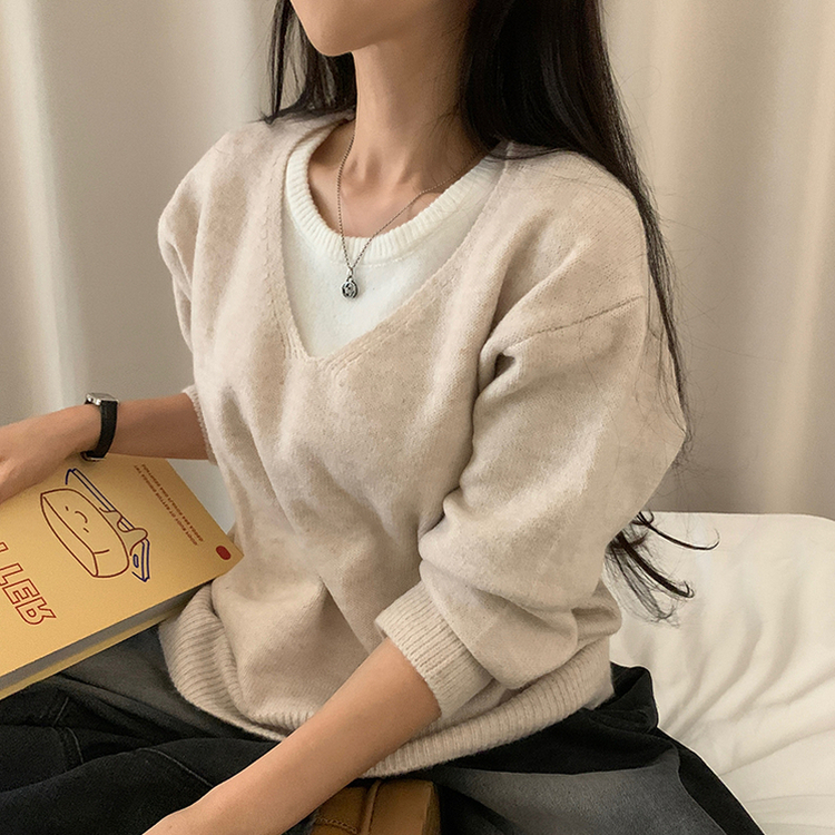 레이블 루즈핏 브이넥 니트 나시 세트 긴팔 니트