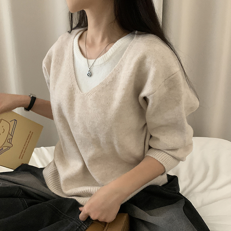 레이블 루즈핏 브이넥 니트 나시 세트 긴팔 니트