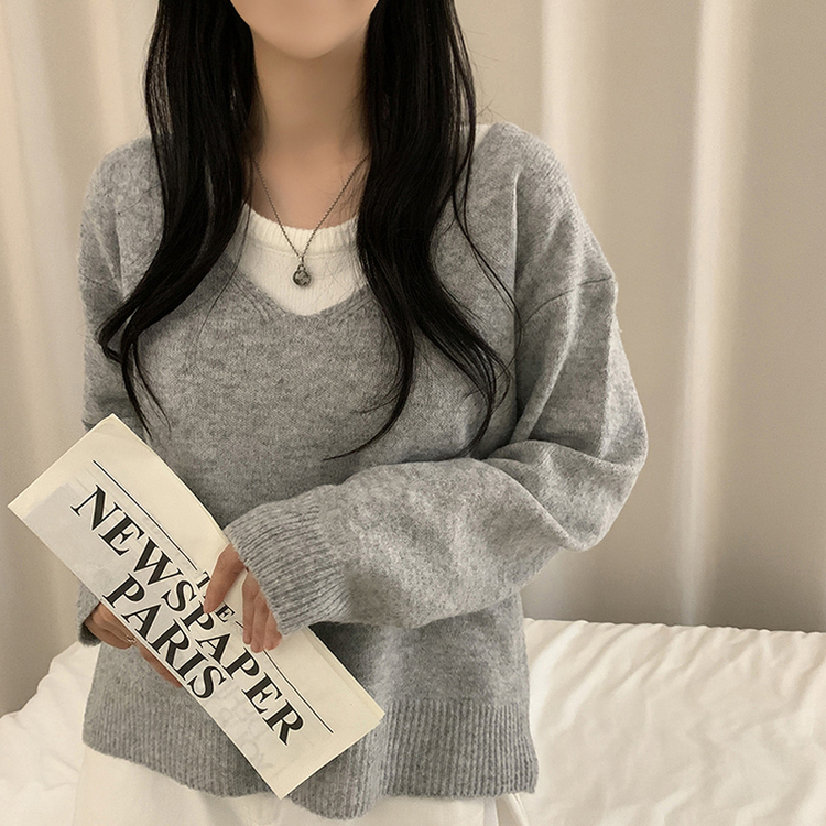 레이블 루즈핏 브이넥 니트 나시 세트 긴팔 니트