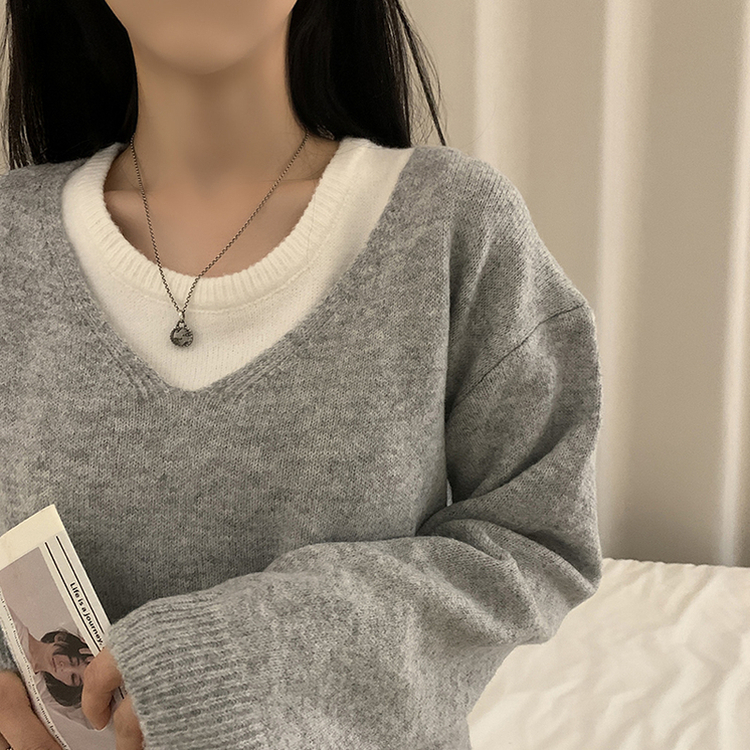 레이블 루즈핏 브이넥 니트 나시 세트 긴팔 니트