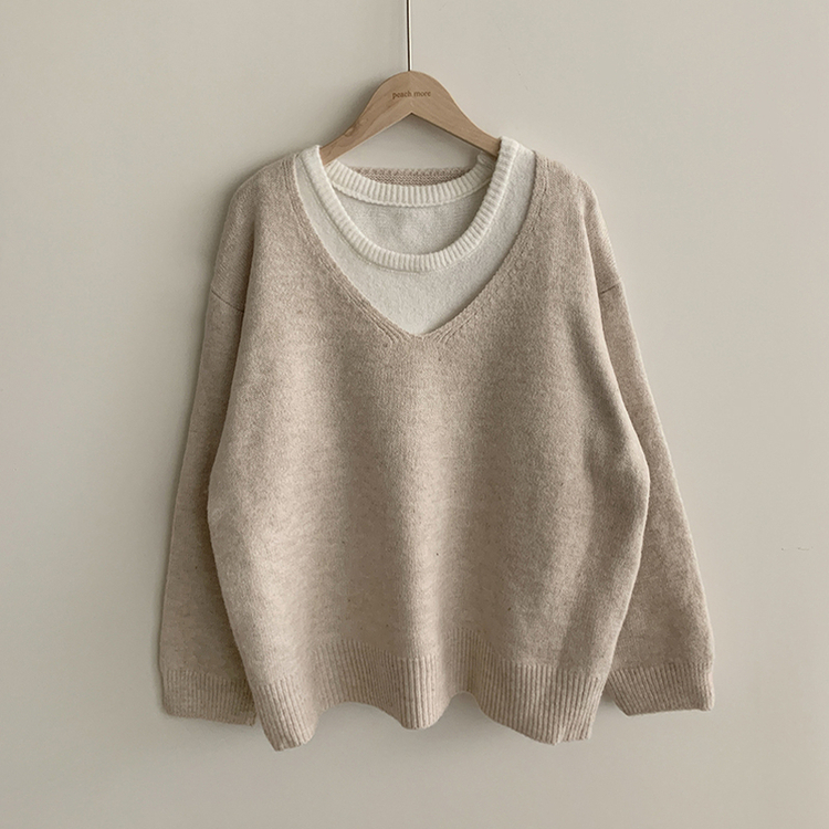 레이블 루즈핏 브이넥 니트 나시 세트 긴팔 니트