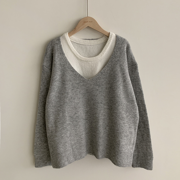 레이블 루즈핏 브이넥 니트 나시 세트 긴팔 니트