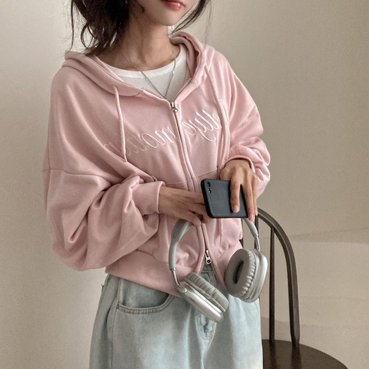 프리티모션 레터링 투웨이 후드 집업 핑크