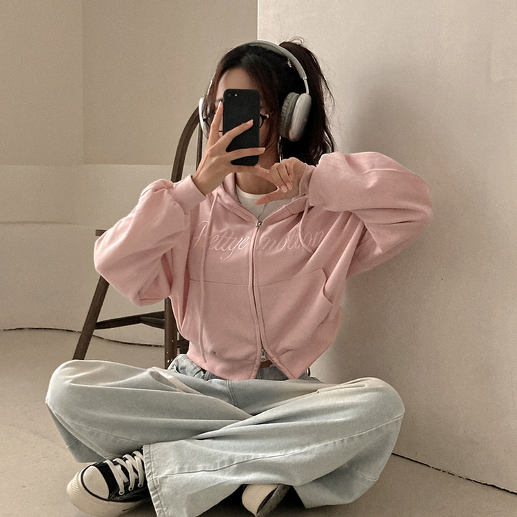 프리티모션 레터링 투웨이 후드 집업 핑크