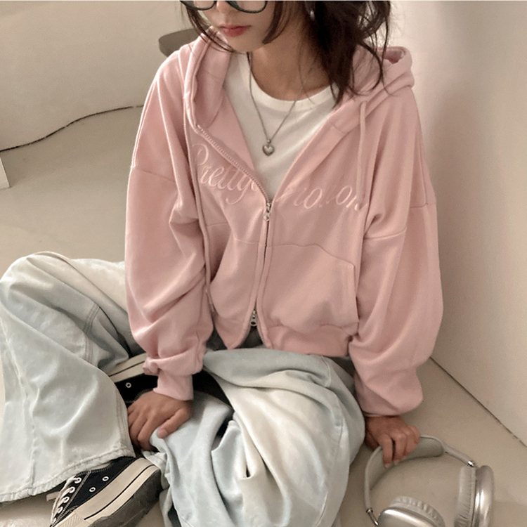 프리티모션 레터링 투웨이 후드 집업 핑크