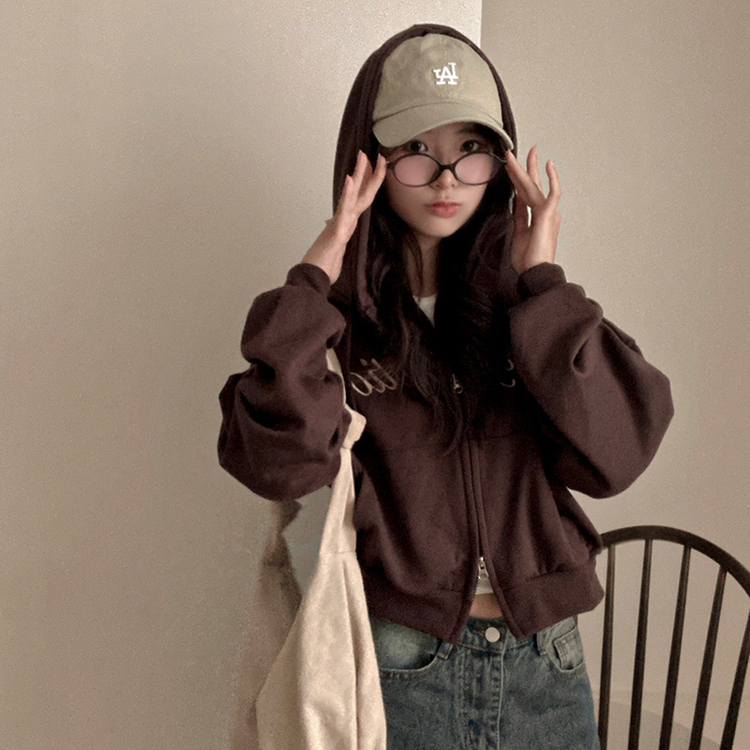 프리티모션 레터링 투웨이 후드 집업 브라운