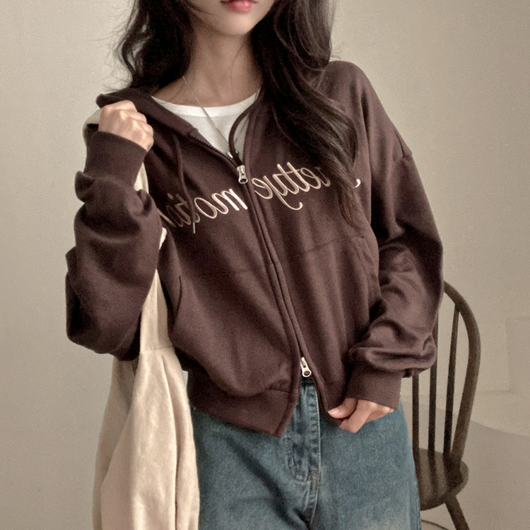 프리티모션 레터링 투웨이 후드 집업 브라운