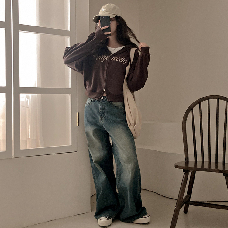 프리티모션 레터링 투웨이 후드 집업 브라운