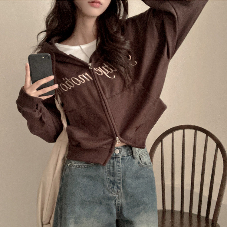 프리티모션 레터링 투웨이 후드 집업 브라운