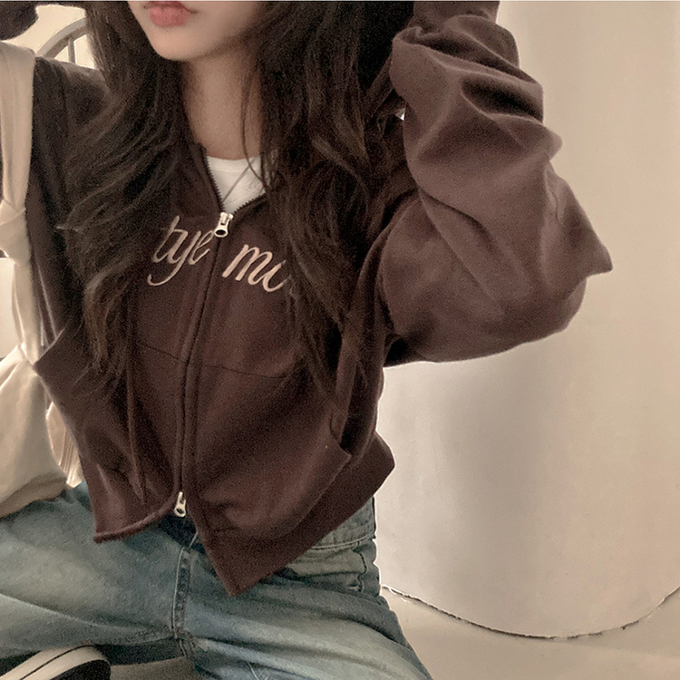 프리티모션 레터링 투웨이 후드 집업 브라운