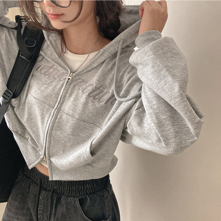 프리티모션 레터링 투웨이 후드 집업 멜란지그레이