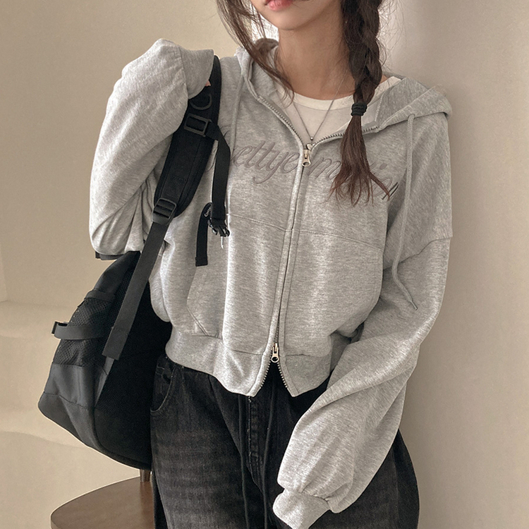 프리티모션 레터링 투웨이 후드 집업 멜란지그레이