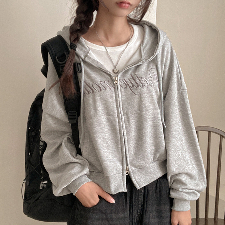 프리티모션 레터링 투웨이 후드 집업 멜란지그레이