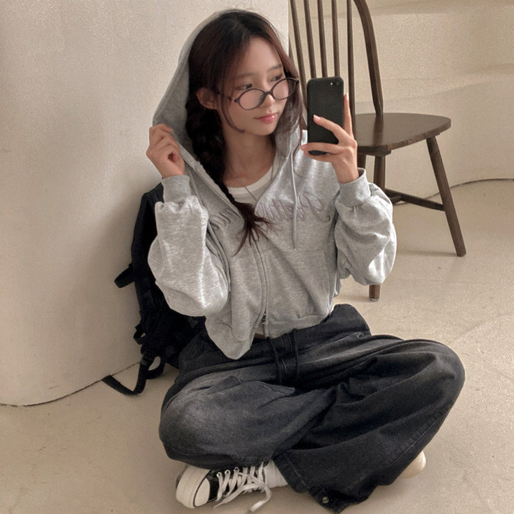 프리티모션 레터링 투웨이 후드 집업 멜란지그레이