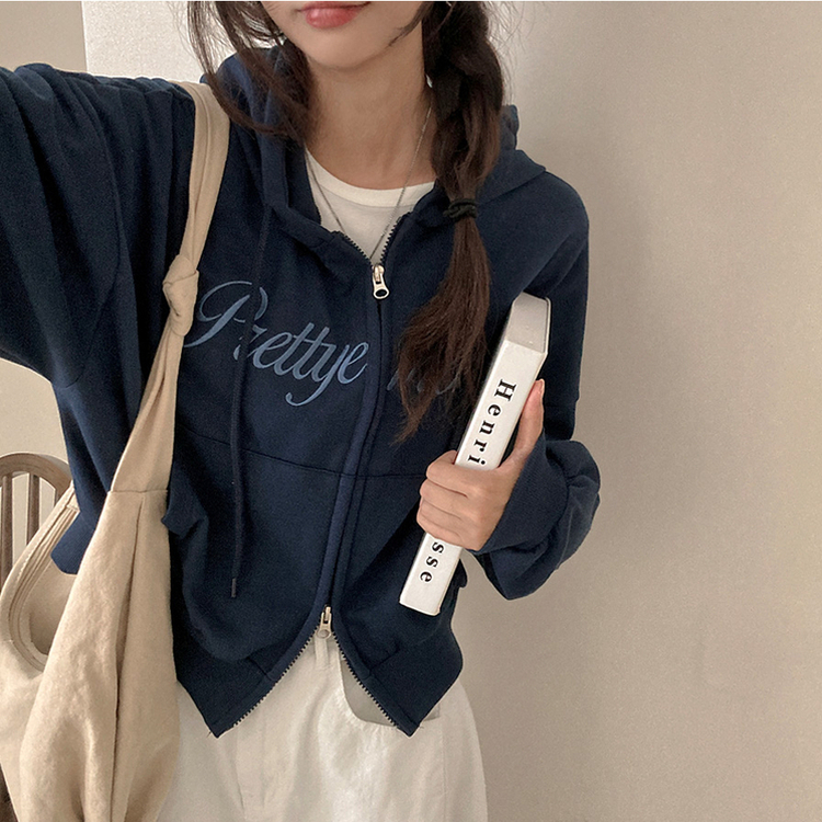 프리티모션 레터링 투웨이 후드 집업 네이비