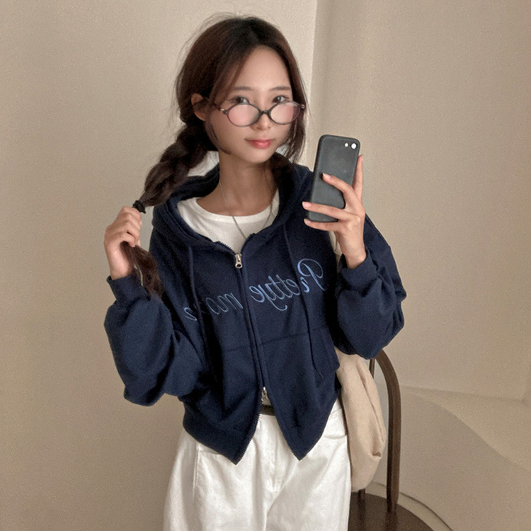 프리티모션 레터링 투웨이 후드 집업 네이비