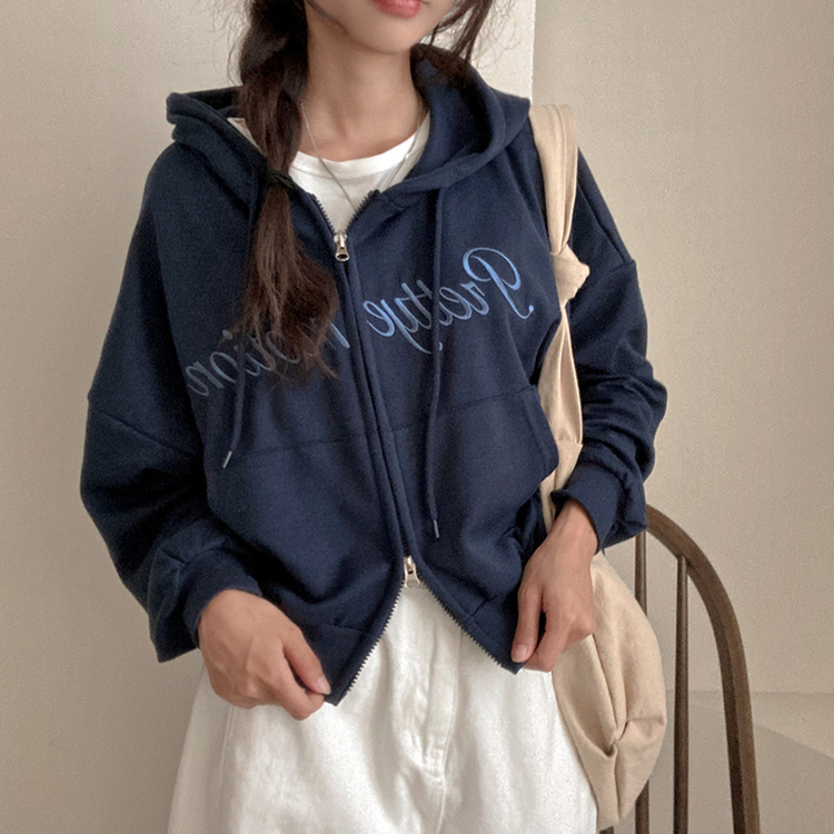 프리티모션 레터링 투웨이 후드 집업 네이비