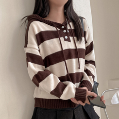 텐리 단가라 배색 스트라이프 버튼 후드 니트 브라운