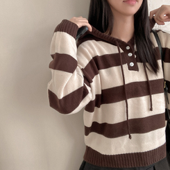 텐리 단가라 배색 스트라이프 버튼 후드 니트 브라운