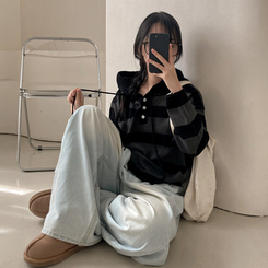 텐리 단가라 배색 스트라이프 버튼 후드 니트 블랙