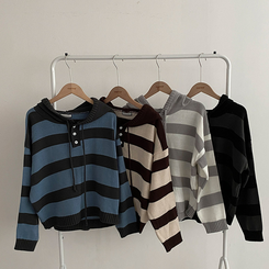 텐리 단가라 배색 스트라이프 버튼 후드 니트