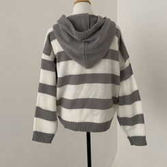 텐리 단가라 배색 스트라이프 버튼 후드 니트