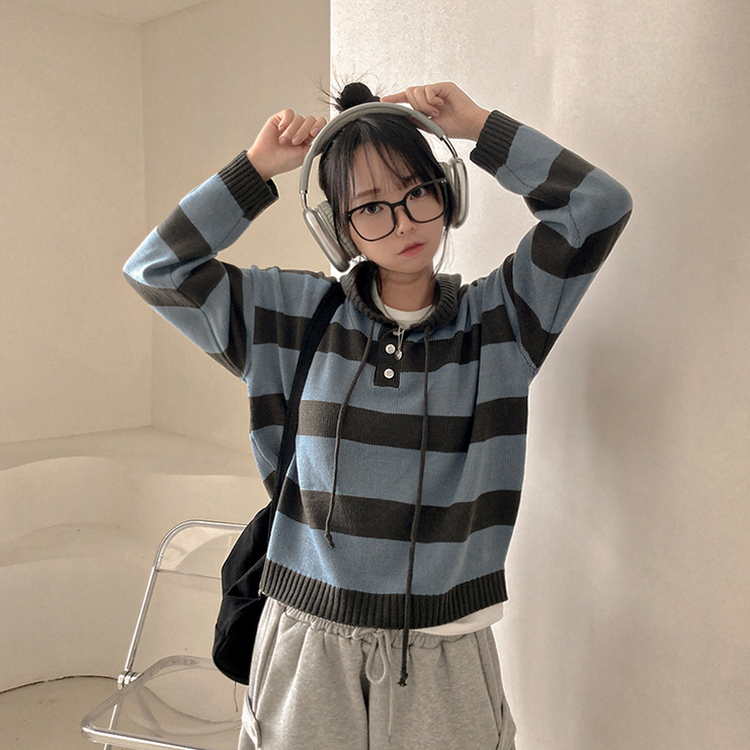 텐리 단가라 배색 스트라이프 버튼 후드 니트 소라