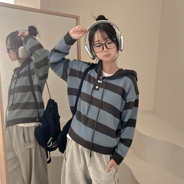 텐리 단가라 배색 스트라이프 버튼 후드 니트 소라