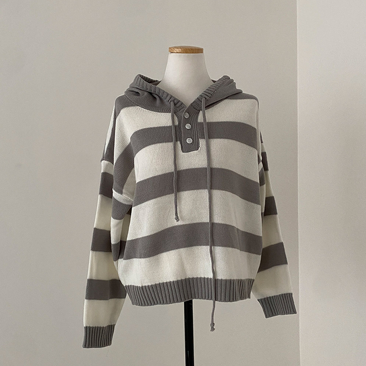 텐리 단가라 배색 스트라이프 버튼 후드 니트