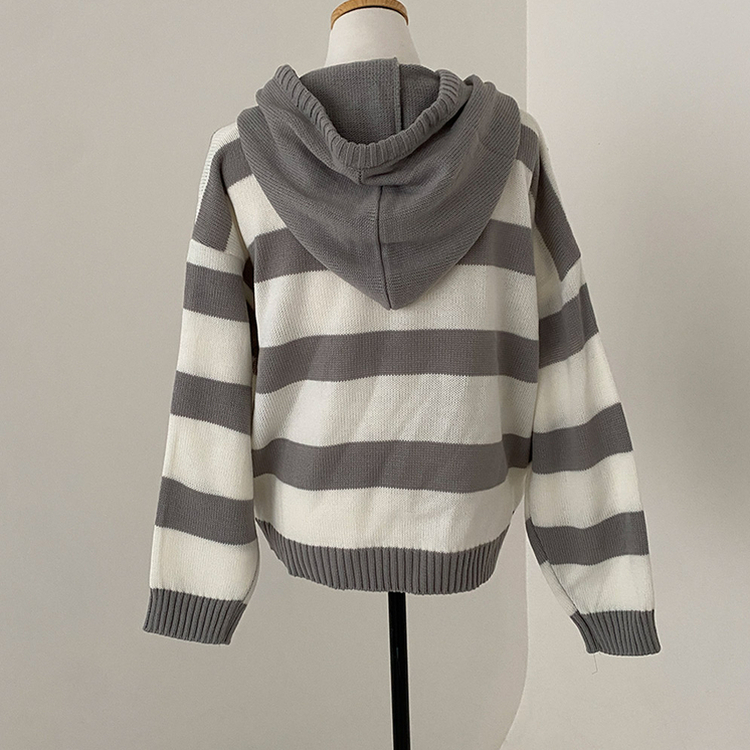 텐리 단가라 배색 스트라이프 버튼 후드 니트