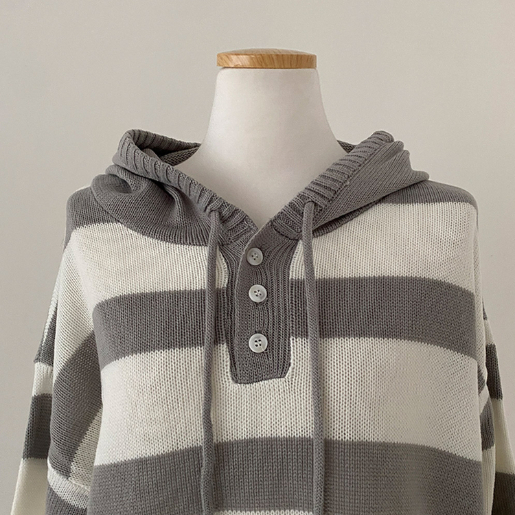 텐리 단가라 배색 스트라이프 버튼 후드 니트