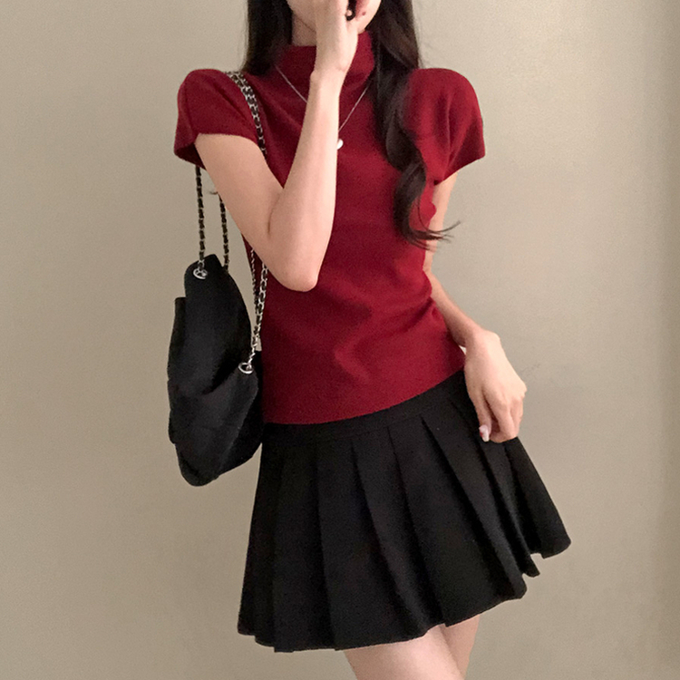 뉴번 반목 반팔 이너 니트 와인
