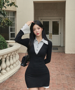 ストライプレイヤードフレアシャツワンピース｜ミニワンピース｜韓国