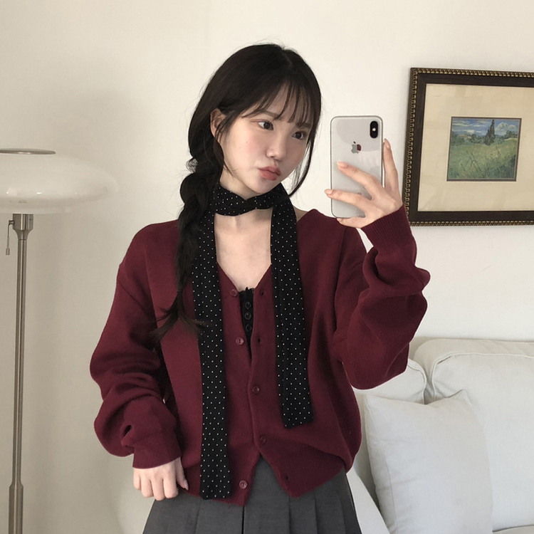 Vネックベージックカーディガン(13color) BURGUNDY