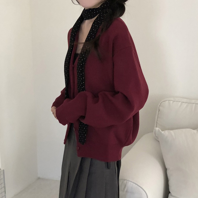 Vネックベージックカーディガン(13color) BURGUNDY