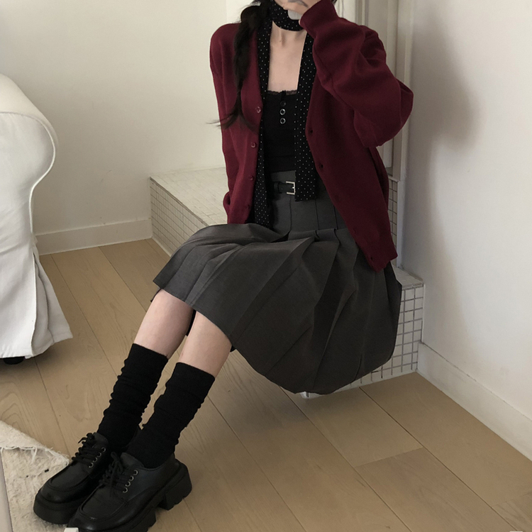 Vネックベージックカーディガン(13color) BURGUNDY