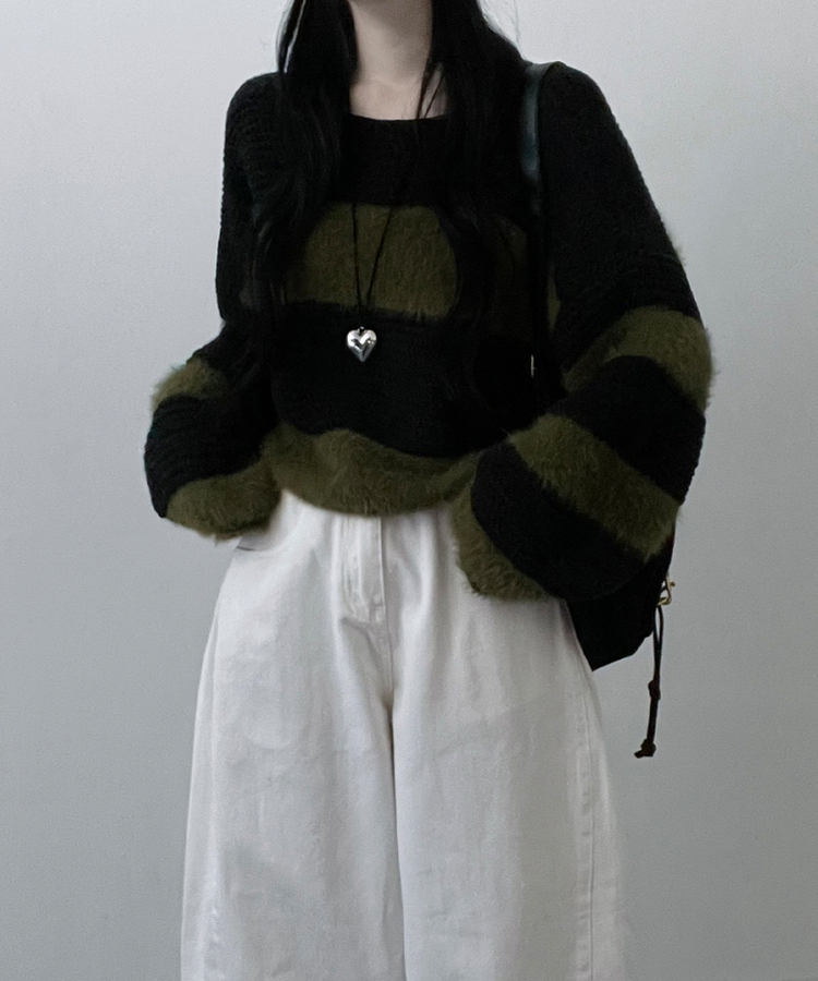 ワンストライプファークロップニット