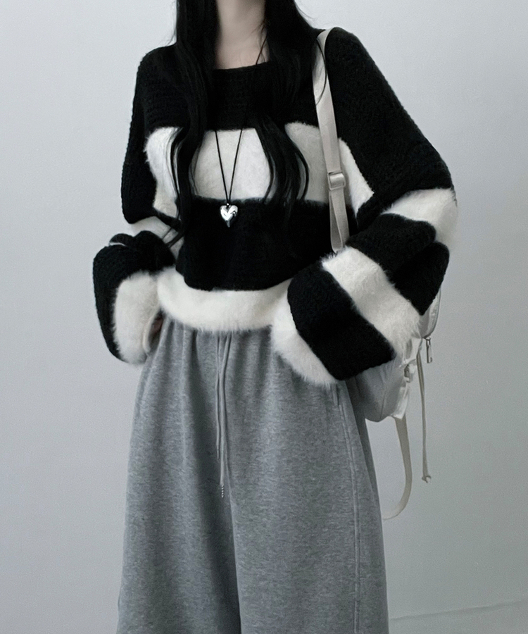 ワンストライプファークロップニット