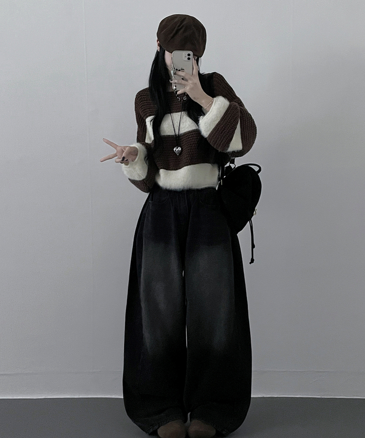 ワンストライプファークロップニット