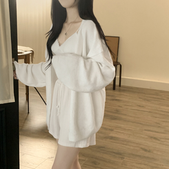 힙덮는길이 포근한 브이넥 아방핏 모헤어 여리여리 폭닥 벌룬 니트가디건 빅사이즈 아이보리