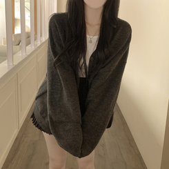 힙덮는길이 포근한 브이넥 아방핏 모헤어 여리여리 폭닥 벌룬 니트가디건 빅사이즈 차콜