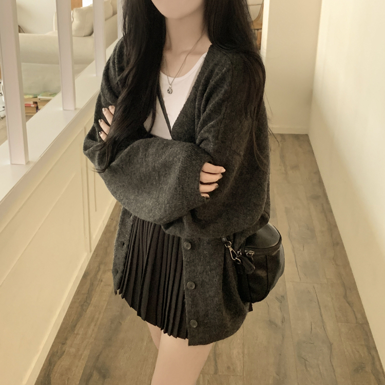 힙덮는길이 포근한 브이넥 아방핏 모헤어 여리여리 폭닥 벌룬 니트가디건 빅사이즈 차콜
