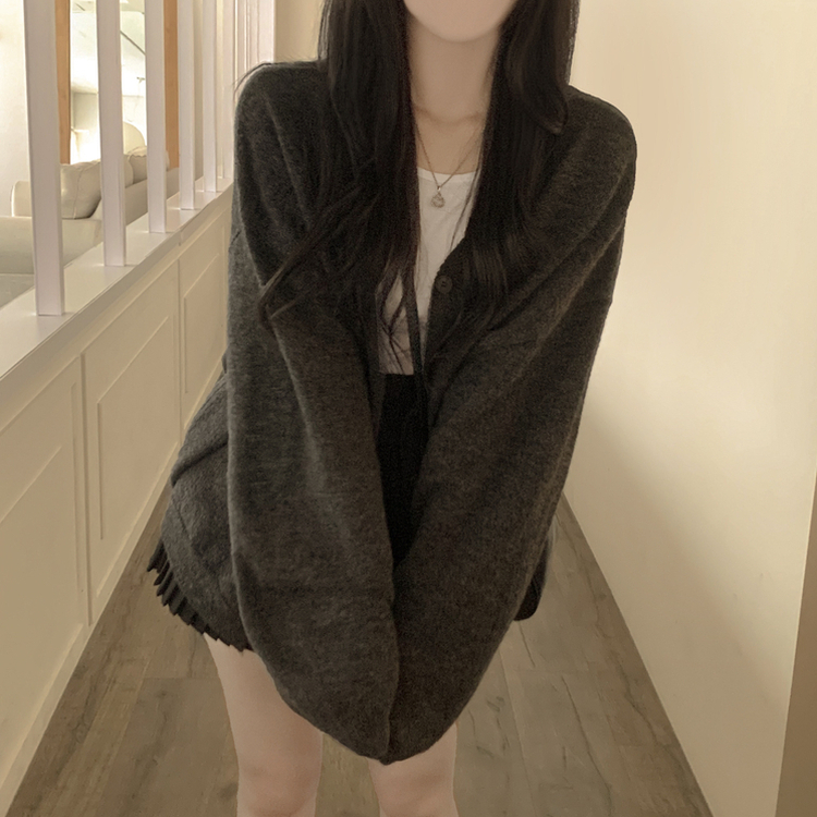 힙덮는길이 포근한 브이넥 아방핏 모헤어 여리여리 폭닥 벌룬 니트가디건 빅사이즈 차콜