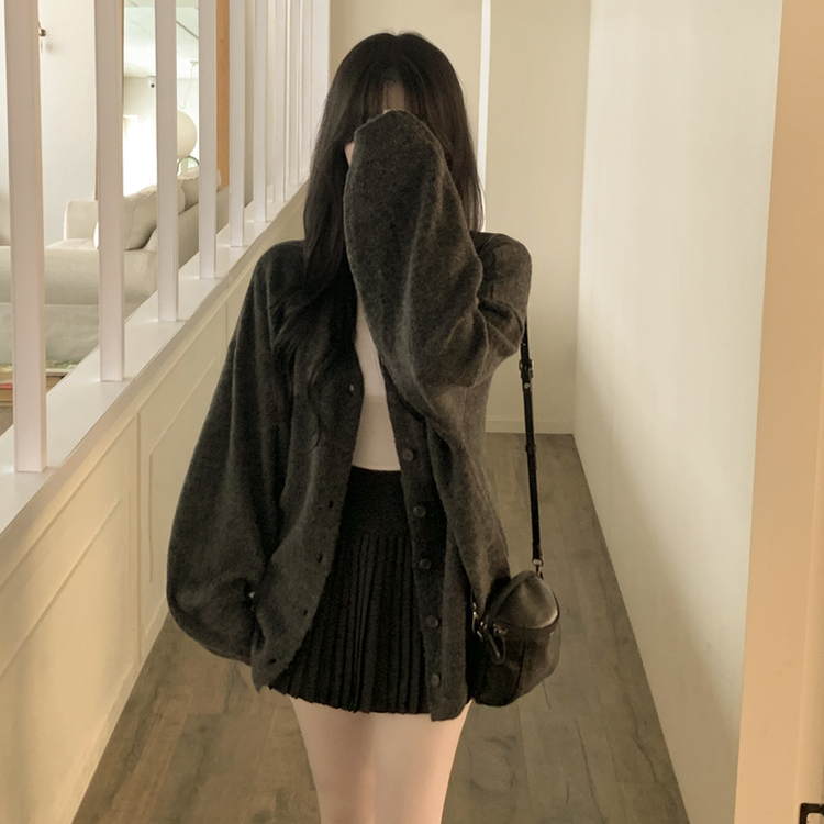 힙덮는길이 포근한 브이넥 아방핏 모헤어 여리여리 폭닥 벌룬 니트가디건 빅사이즈 차콜