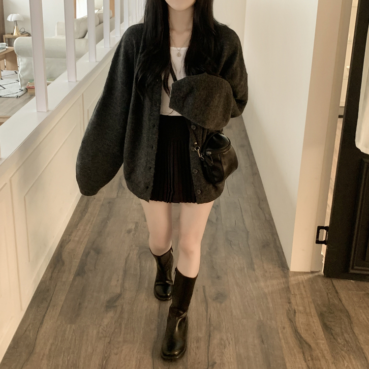 힙덮는길이 포근한 브이넥 아방핏 모헤어 여리여리 폭닥 벌룬 니트가디건 빅사이즈 차콜