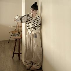 아방핏 단가라 레더패치 손목포인트 스트라이프 오버핏 카라 겨울 크롭 니트가디건 아이보리